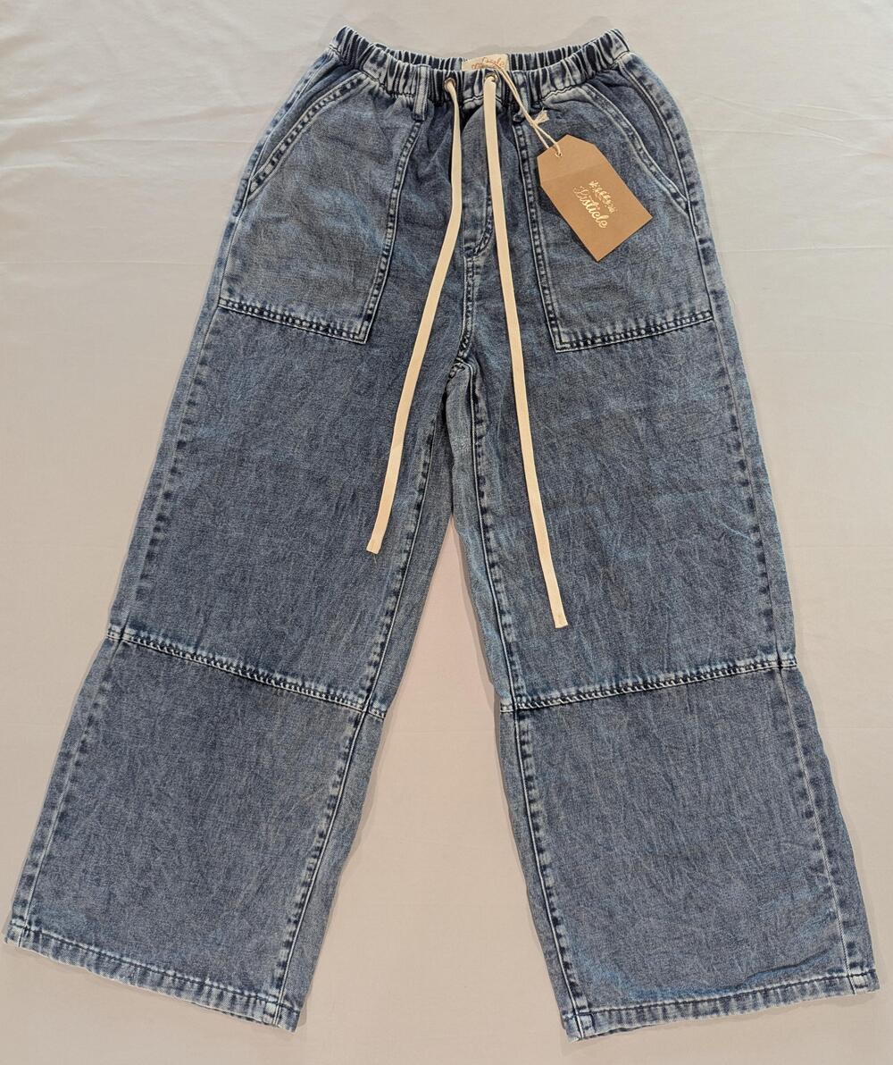 Listicle Jeans Womens S Blue Med Wash Wide Leg Elastic Waist Drawstring Denim